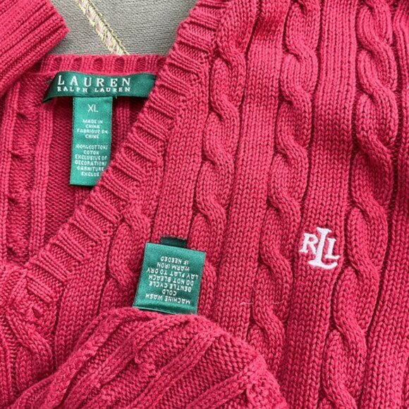 Lauren Ralph Lauren Sweater Cotton Cable Knit V-Neck Red Preppy Y2K (XL) - Picture 5 of 6